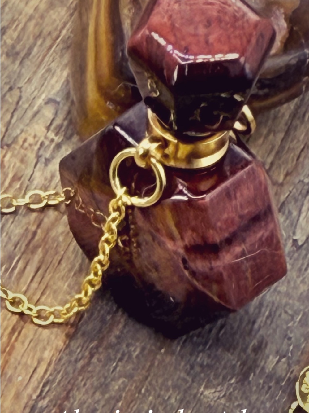 Gold Chain Necklace with Red Tiger’s Eye Stone Pendant - POISON BOTTLE